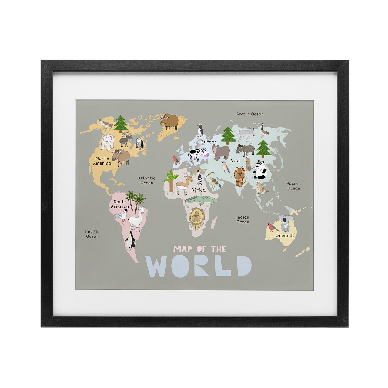 Stupell Industries Kid's Map Of World Grey Framed Print Under Glass, design by Carla Daly